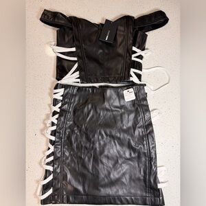 Fashion Nova Black Leather Skirt with White Lace-Up Detail